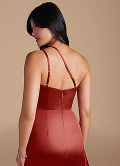 Azazie Latrice Bridesmaid Dresses Rust Sheath One Shoulder Metallic Satin Dress image4