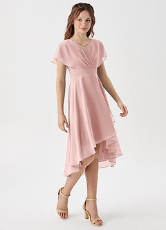 Azazie Graciela Junior Robe Trapèze en Mousseline de soie Plissée Rose Poudré image4