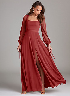 Azazie Leonia Bridesmaid Dresses Rust A-Line Long Sleeve Mesh Dress image2