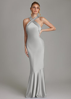 Azazie Reign Robes de demoiselle d'honneur Robe Sirène en Satin extensible Plissée Argent image4