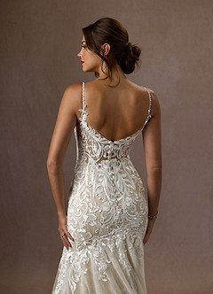 Azazie Camlynn Wedding Dresses Diamond White Nude Mermaid V-Neck Sequins Tulle Dress image4