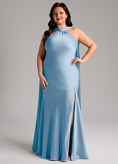 Azazie Kinsley Bridesmaid Dresses Powder Blue Mermaid Side Slit Stretch Satin Dress image8