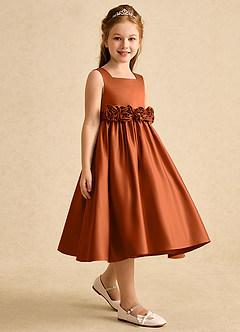 Azazie Peaches Flower Girl Dresses Burnt Orange A-Line Bow Matte Satin Dress image3