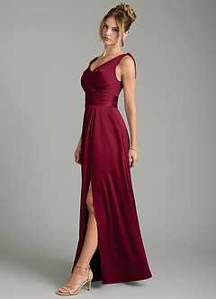 Azazie Karina Bridesmaid Dresses Burgundy A-Line Pleated Stretch Satin Dress image3