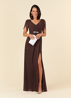 Azazie Marianne Mother of the Bride Dresses Ganache Sheath V-Neck Pleated Chiffon Dress image4