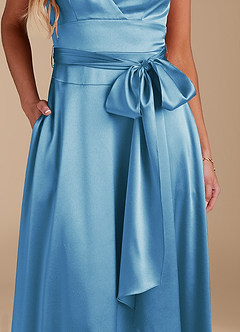 Azazie Sophia Final Sale Steel Blue A-Line with Pockets Metallic Satin Dress image7