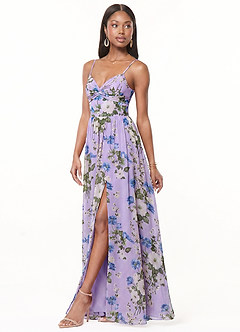 Azazie Zeya Bridesmaid Dresses Lilac Floral A-Line V-Neck Pleated Chiffon Dress image4