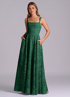 Azazie Shaude Bridesmaid Dresses Dark Green A-Line Pleated Floral Burnout Dress image1