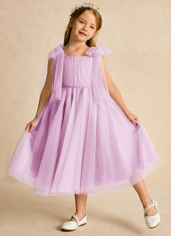 Azazie Dori Robe Demoiselle D'honneur Fillette Robe Trapèze en Tulle Rayé Rose Bonbon image4