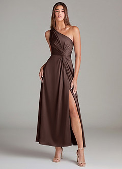 Azazie Brooke Bridesmaid Dresses Ganache A-Line One Shoulder Stretch Satin Dress image1