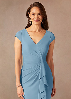 Azazie Renetta Abiti per la Madre della Sposa Abito Tubino in Maglia con Scollo a V a Pieghe Blu Acciaio image6