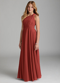 Azazie Charlize Junior Terracotta A-Line Mesh Dress image3