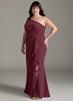 Azazie Liza Vestidos de damas de honor Vestido de Cabernet de Gasa de Corte Sirena con Hombro unilateral image8