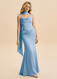 Azazie Sorrel Junior Powder Blue Mermaid Ruched Stretch Satin Dress image3