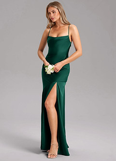 Azazie Grata Bridesmaid Dresses Emerald Sheath Side Slit Stretch Satin Dress image4