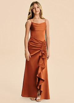 Azazie Rosalia Junior Cinnamon Sheath Pleated Stretch Satin Dress image6