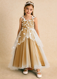 Azazie Darlina Flower Girl Dresses Ivory Butterscotch Ball-Gown Lace Tulle Dress image5