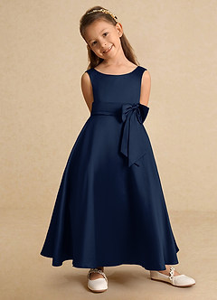 Azazie Lindy Flower Girl Dresses Dark Navy A-Line Pleated Matte Satin Dress image9