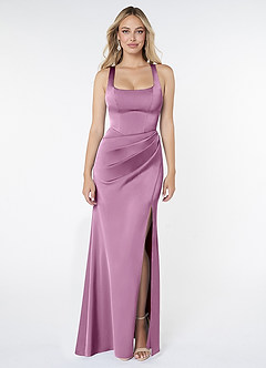 Azazie Mero Bridesmaid Dresses Wisteria Sheath Pleated Stretch Satin Dress image1