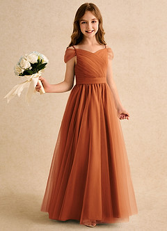 Azazie Yuna Girls Formal Flower Girl Dresses Cinnamon A-Line Off the Shoulder Tulle Dress image1