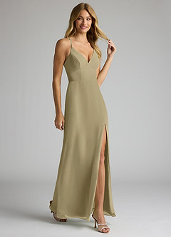Azazie Becca Bridesmaid Dresses Moss Green Sheath V-Neck Chiffon Dress image2