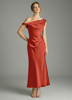 Azazie Emerson Bridesmaid Dresses Rust Mermaid Off the Shoulder Stretch Satin Dress image1