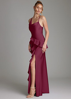 Azazie Jayda Bridesmaid Dresses Mulberry A-Line Ruched Stretch Satin Dress image5