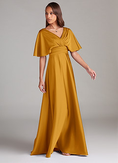 Azazie Pamela Bridesmaid Dresses Butterscotch A-Line Pleated Stretch Satin Dress image3