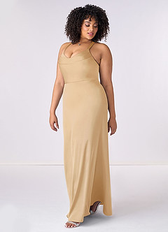 Barbie ♥ Azazie Brautjungfernkleider Meerjungfrau-Linie Plissee Stretch-Satin Kleid Gold image9