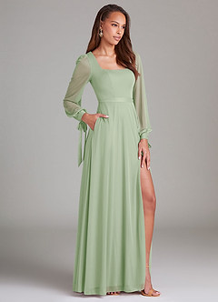 Azazie Leonia Bridesmaid Dresses Dusty Sage A-Line Long Sleeve Mesh Dress image3