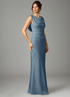 Azazie Kieryn Bridesmaid Dresses Dusty Blue Mermaid Pleated Stretch Satin Dress image3