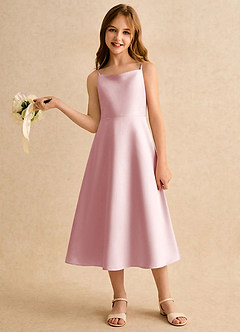 Azazie Jaella Girls Formal Robe Demoiselle D'honneur Fillette Robe Trapèze en Mat Satiné Plissée Rose Poudré image2