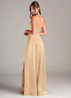Azazie Sarella Bridesmaid Dresses Gold A-Line Pleated Stretch Satin Dress image4