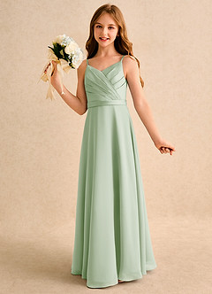Azazie Umina Girls Formal Robe Demoiselle D'honneur Fillette Robe Trapèze en Mat Satiné Plissée Vert Sauge image3