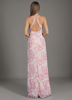 Azazie Becca Bridesmaid Dresses Abstract Watercolor Floral Sheath V-Neck Chiffon Dress image2