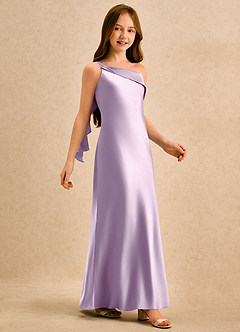 Azazie Almond Girls Formal 플라워 걸 드레스 쉬스 한쪽 어깨 스트레치 새틴 플로어 길이 드레스 image5