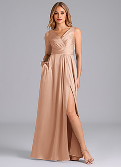 Azazie Karina Bridesmaid Dresses Rose Gold A-Line Pleated Stretch Satin Dress image1