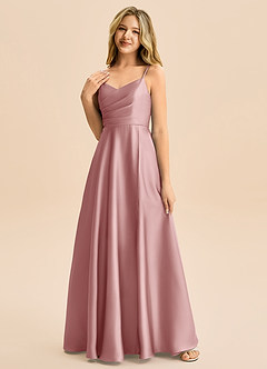 Azazie Rumi Junior Vestido de Rosa Polvorienta de Satén Elástico de Corte en A con Plisado image3