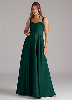 Azazie Shaude Bridesmaid Dresses Emerald A-Line Pleated Stretch Satin Dress image1