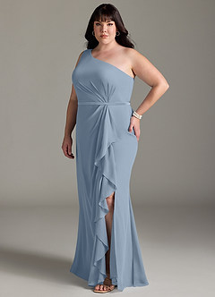 Azazie Liza Vestidos de damas de honor Vestido de Azul Polvoriento de Gasa de Corte Sirena con Hombro unilateral image8