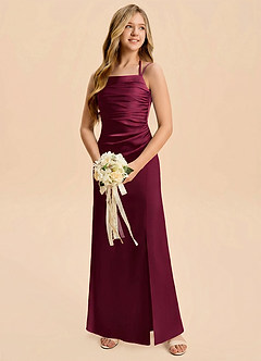 Azazie Nova Junior Burgundy Sheath Pleated Stretch Satin Dress image3