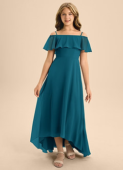 Azazie Maggie Junior A-Linie Schulterfrei Chiffon Kleid Tintenblau image5