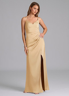 Azazie Leo Bridesmaid Dresses Gold Sheath Pleated Stretch Satin Dress image5