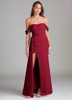 Azazie Amyra Bridesmaid Dresses Burgundy Sheath Off the Shoulder Chiffon Convertible Dress image1
