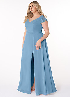 Azazie Claudine Jurken voor bruidsmeisjes Jurk van Chiffon met A-Lijn Fladdermouw Staal Blauw image9