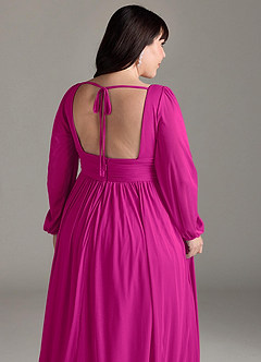 Azazie Norah Bridesmaid Dresses Fuchsia A-Line V-Neck Long Sleeve Chiffon Dress image13