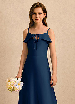 Azazie Kapri Girls Formal Robe Demoiselle D'honneur Fillette Robe Trapèze en Satin extensible Rayé Bleu Marine Foncé image5