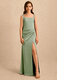Azazie Noah Girls Formal Abiti da Ragazza di Fiori Abito Tubino in Raso Elasticizzato Plissettato Verde Salvia image5