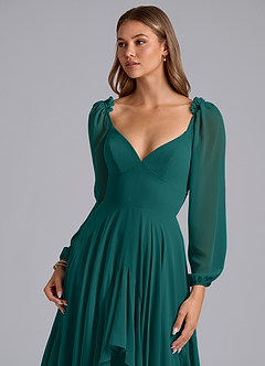 Azazie Karan Bridesmaid Dresses Peacock A-Line Long Sleeve Chiffon Dress image6
