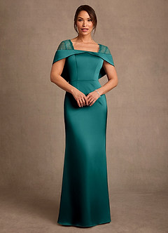 Azazie Henrieta Final Sale Peacock Sheath Lace Stretch Satin Dress image1
